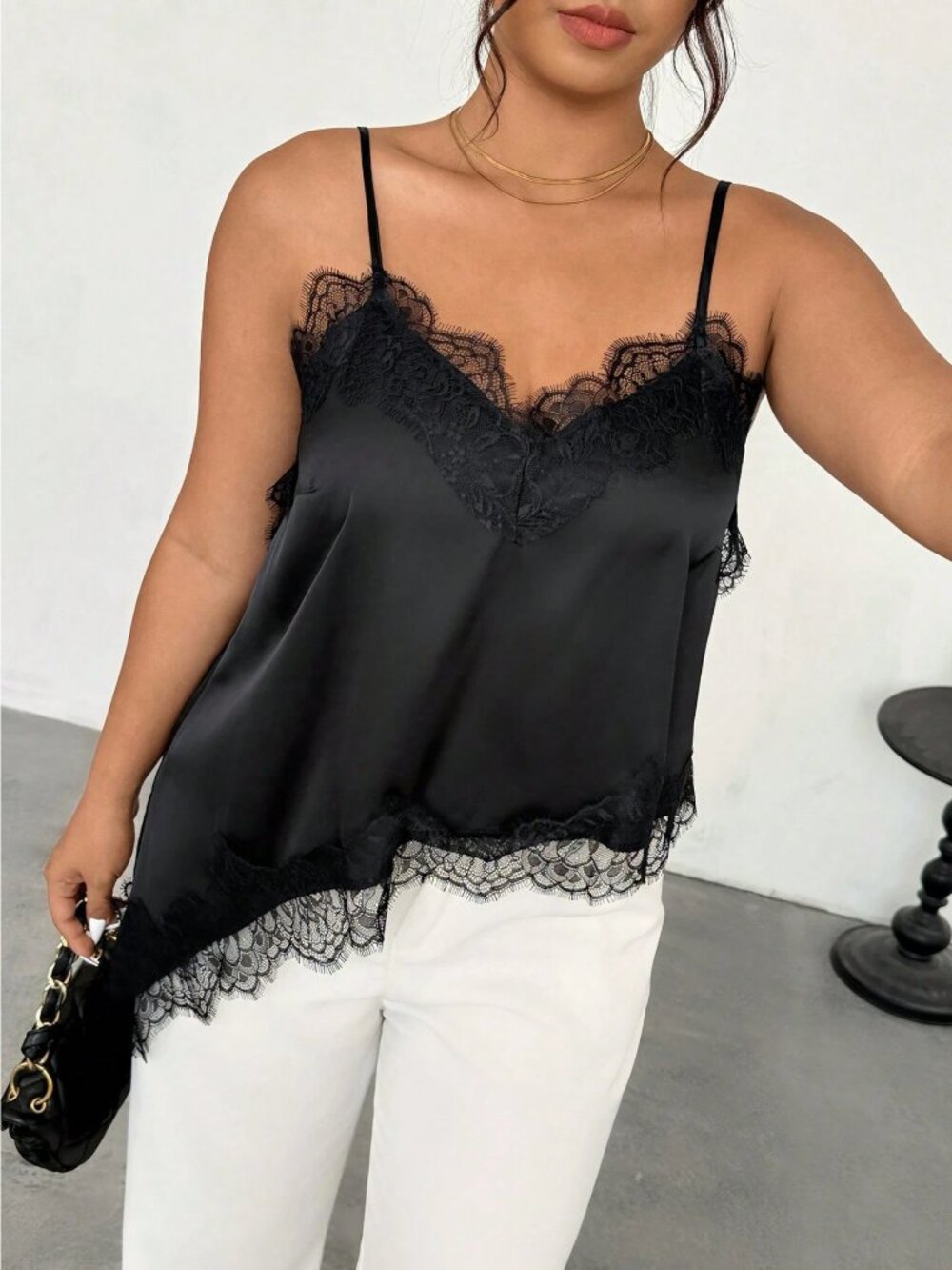 SHEIN Black Lace Trim Asymmetrical Cami Top Size XL